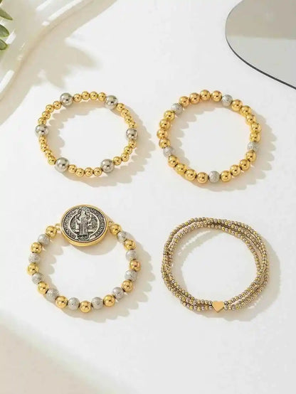 4pcs Set Vintage Delicate Beaded Heart Box Bracelet, Saint Benedict Prayer Beads, Jewelry Accessories Suitable For All Seasons, Exquisite Gift Valentines - Pedlar's Attic