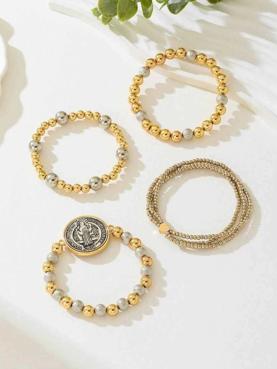 4pcs Set Vintage Delicate Beaded Heart Box Bracelet, Saint Benedict Prayer Beads, Jewelry Accessories Suitable For All Seasons, Exquisite Gift Valentines - Pedlar's Attic