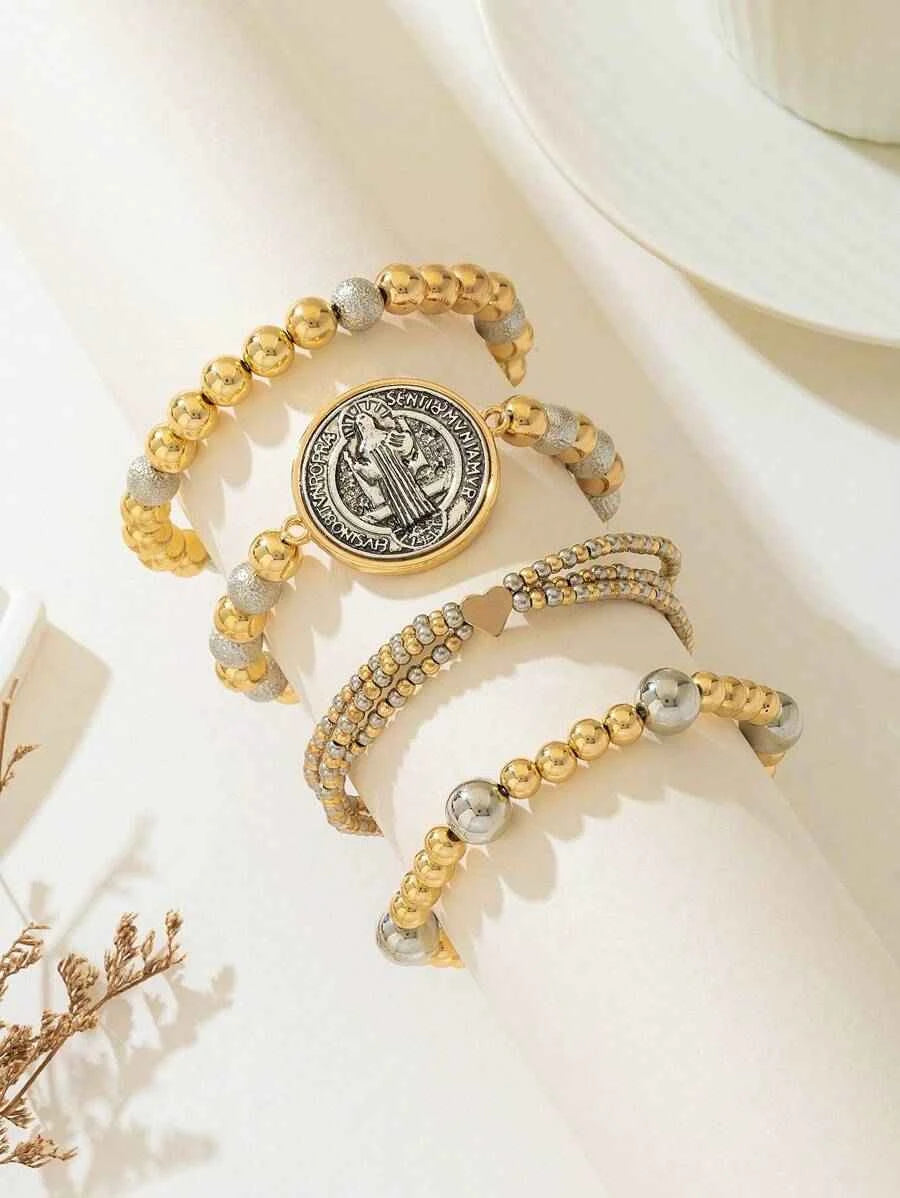 4pcs Set Vintage Delicate Beaded Heart Box Bracelet, Saint Benedict Prayer Beads, Jewelry Accessories Suitable For All Seasons, Exquisite Gift Valentines - Pedlar's Attic