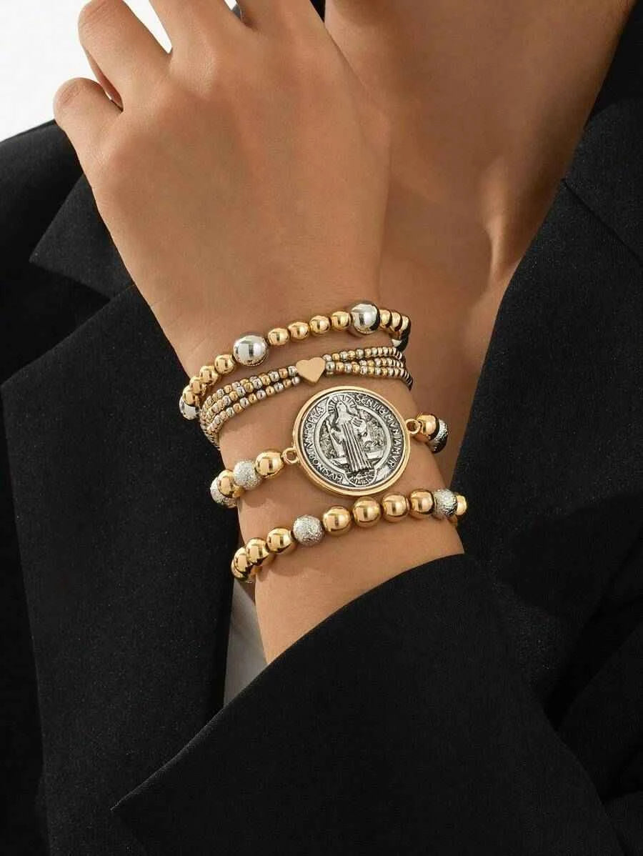 4pcs Set Vintage Delicate Beaded Heart Box Bracelet, Saint Benedict Prayer Beads, Jewelry Accessories Suitable For All Seasons, Exquisite Gift Valentines - Pedlar's Attic
