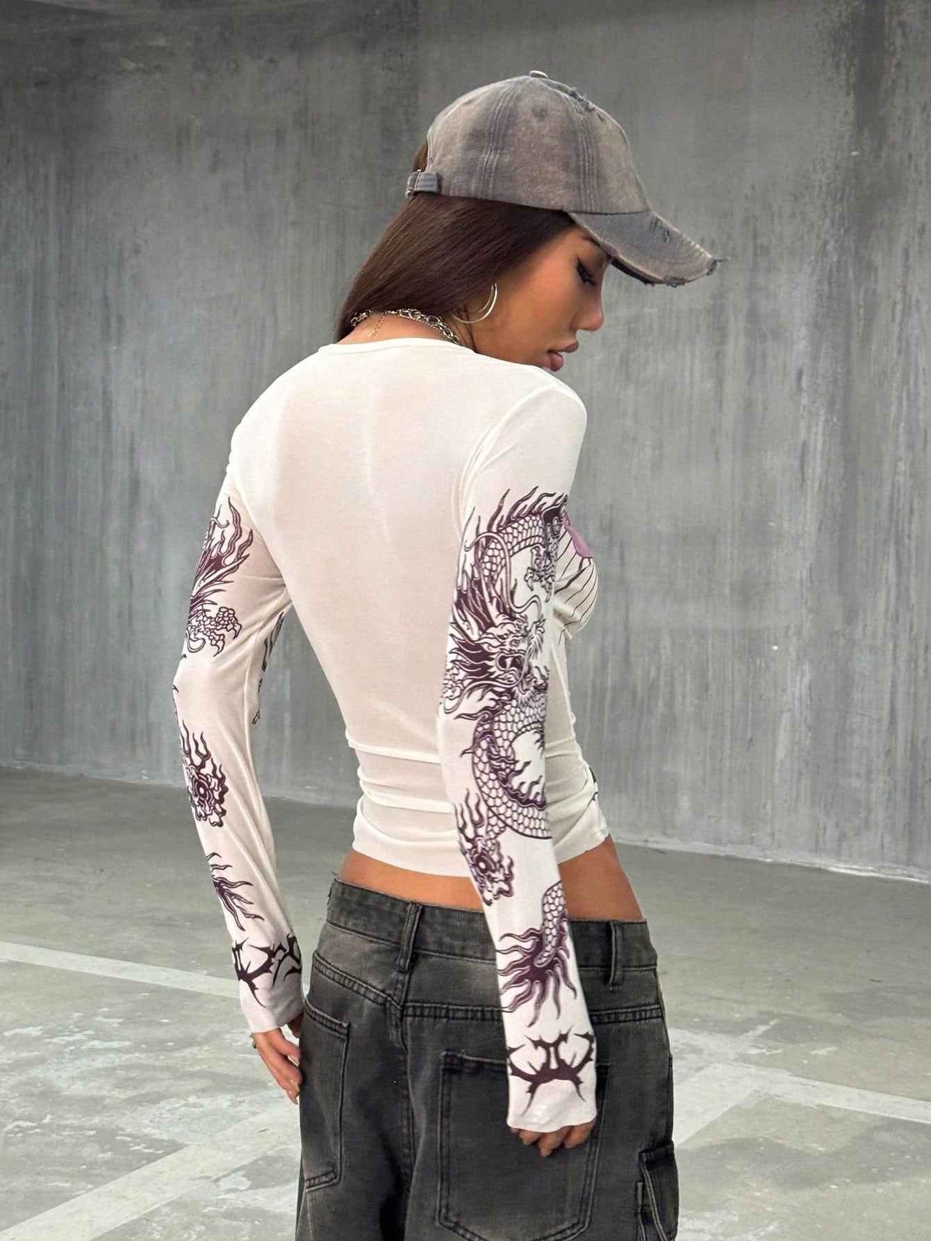 StreetHx Women's Sheer Mesh Fitted Base Layer Top, Music Festival Goth Grunge Dragon Print Streetwear Y2K Baddie Vintage Style Long Sleeve T-Shirt, Spring/Summer - Pedlar's Attic