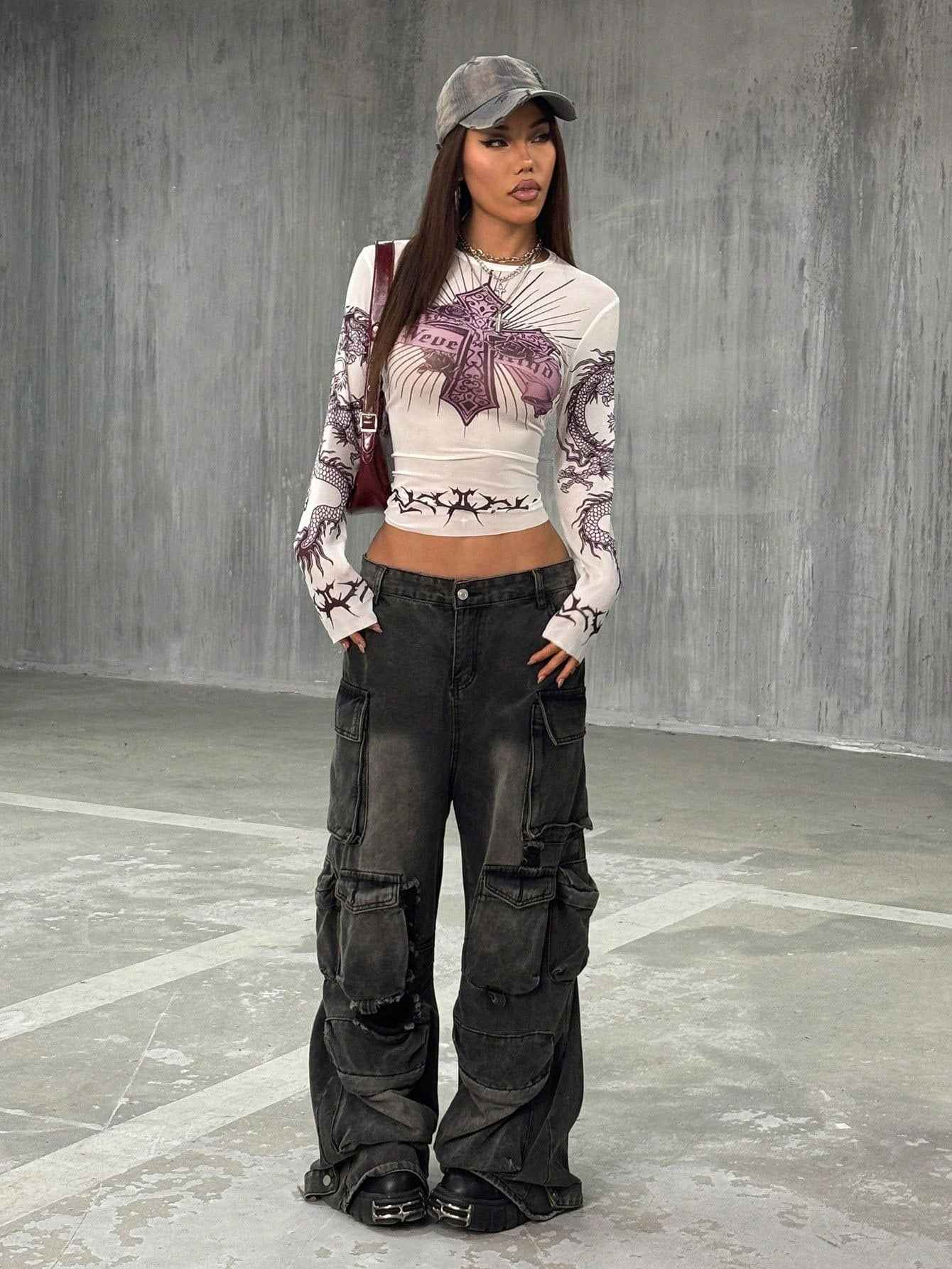 StreetHx Women's Sheer Mesh Fitted Base Layer Top, Music Festival Goth Grunge Dragon Print Streetwear Y2K Baddie Vintage Style Long Sleeve T-Shirt, Spring/Summer - Pedlar's Attic