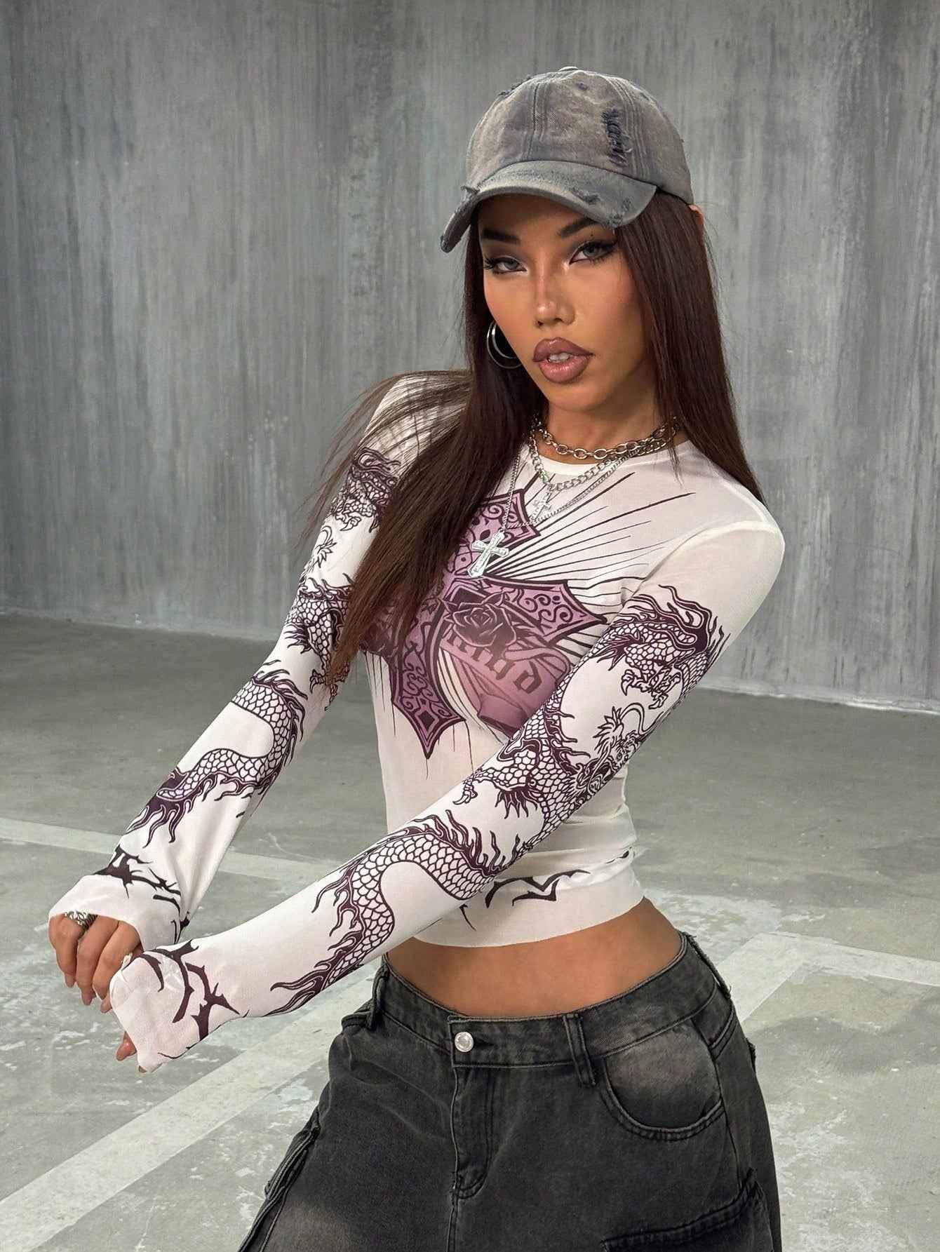 StreetHx Women's Sheer Mesh Fitted Base Layer Top, Music Festival Goth Grunge Dragon Print Streetwear Y2K Baddie Vintage Style Long Sleeve T-Shirt, Spring/Summer - Pedlar's Attic