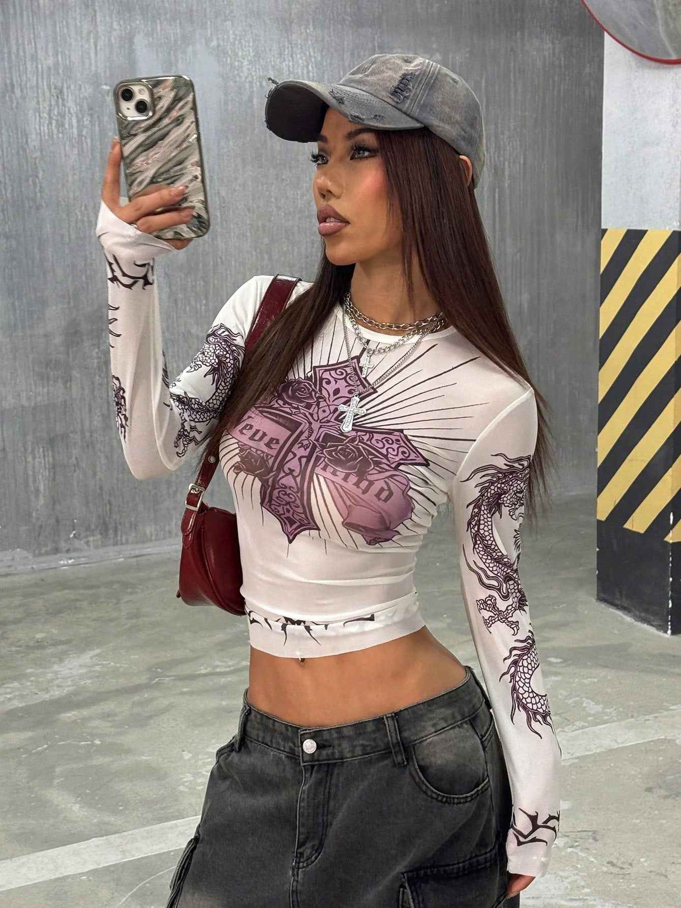 StreetHx Women's Sheer Mesh Fitted Base Layer Top, Music Festival Goth Grunge Dragon Print Streetwear Y2K Baddie Vintage Style Long Sleeve T-Shirt, Spring/Summer - Pedlar's Attic