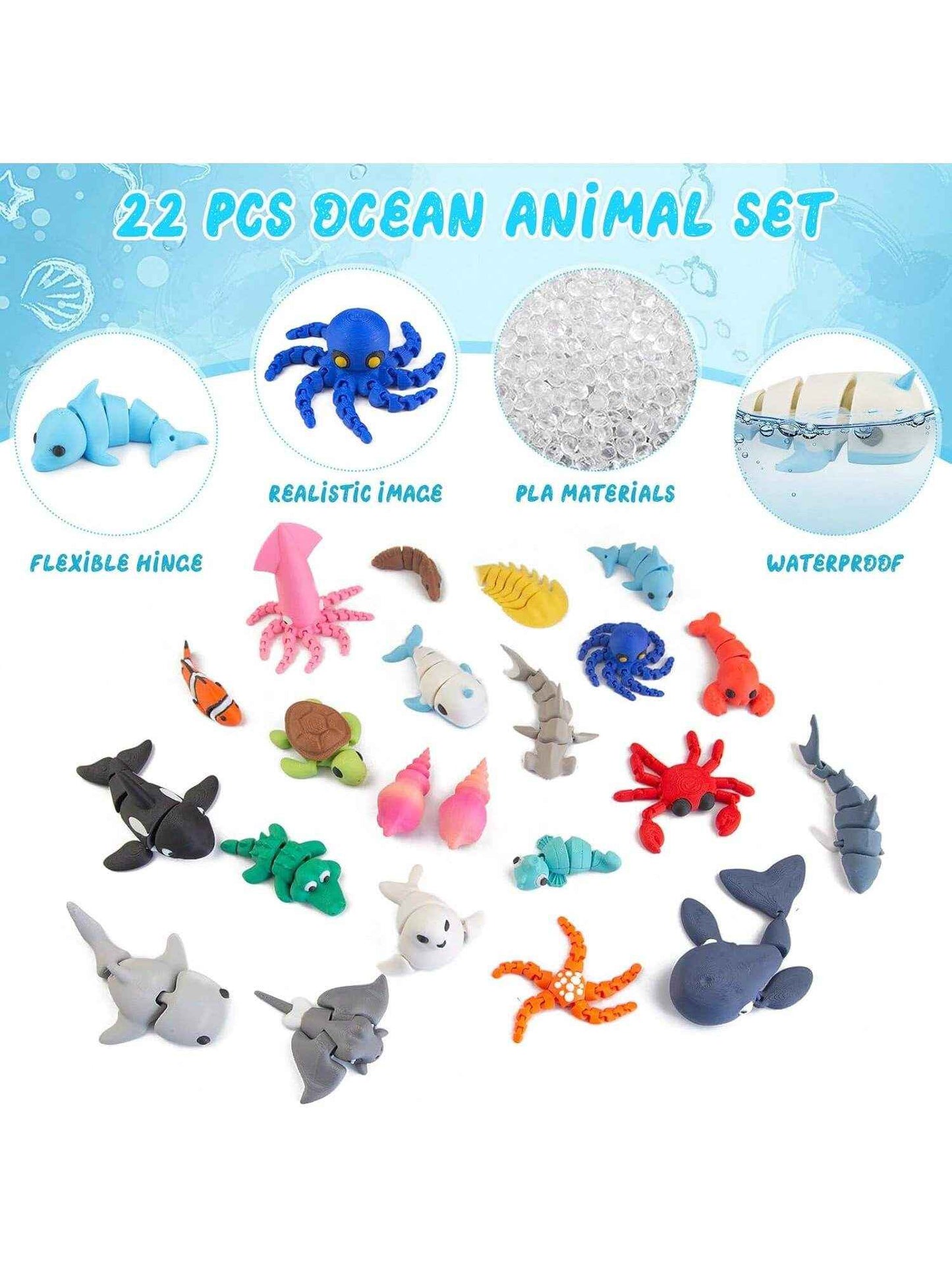 22PCS Ocean Animal Set, 3D Printed Mini Sea Animals Articulating Flexible Fidget Toys, Cute Animal Figurines Toys Birthday Office Desktop Home Decoration,This Is The Best Gift To Give Them On Christmas, Halloween Or A Child's Birthday. - Pedlar's Attic