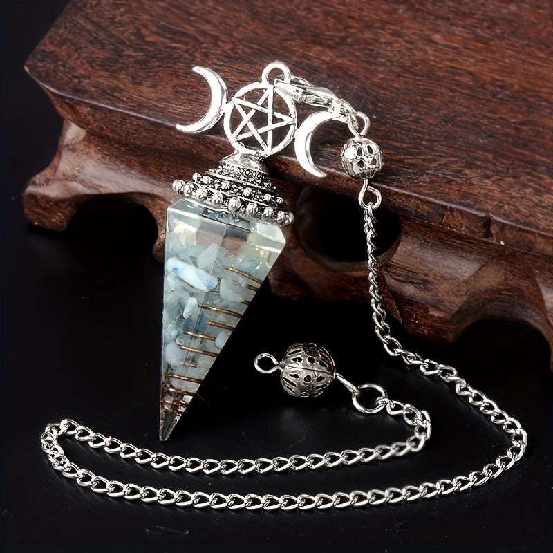 1PC Seven Chakra Gravel Resin Artificial Crystal Pendant, Divination Moon Chakra Hexagonal Cone Pendulum