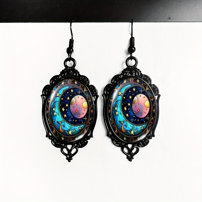 Boho Alloy Drop Earrings with Celestial Sun, Moon, and Stars Design, Black Lace Frame, Glass Cabochon Inlay, Hook Back, Antique Style Dangle Ear Jewelry for Women - 1 Pair