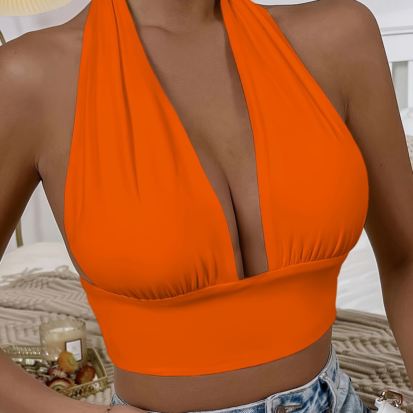 1pc Elegant Orange Halter Neck Backless Crop Top - High Stretch, Deep V-Neckline, Sleeveless Tank for Women, Perfect for Casual or Stylish Outfits, Casual Chic Top | Backless Dress | Stretchy Fabric