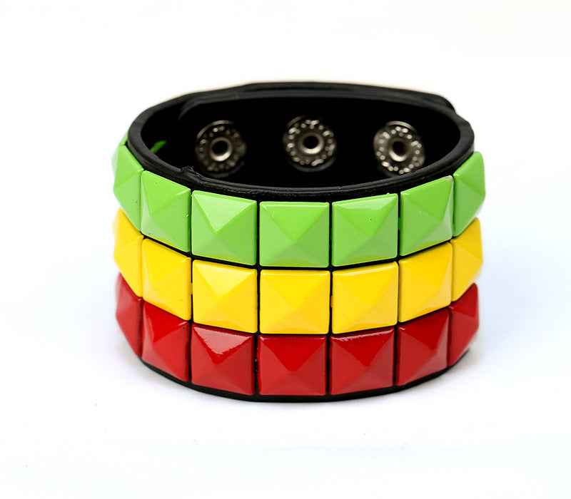 European and American New Punk Style Multi-Color Square Stud Leather Bracelet, Personalized Cycling Bar Accessory, Men's Wide Pu Leather Bracelet