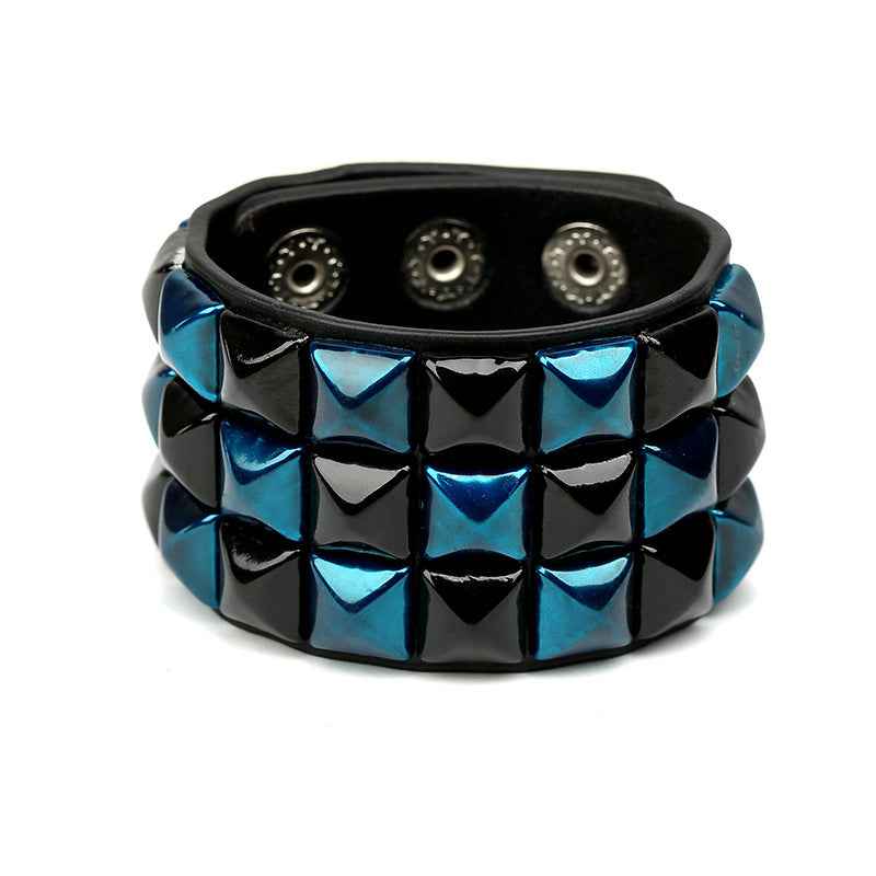 European and American New Punk Style Multi-Color Square Stud Leather Bracelet, Personalized Cycling Bar Accessory, Men's Wide Pu Leather Bracelet