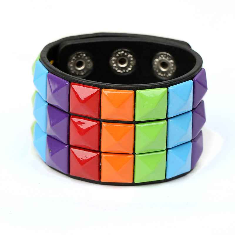 European and American New Punk Style Multi-Color Square Stud Leather Bracelet, Personalized Cycling Bar Accessory, Men's Wide Pu Leather Bracelet