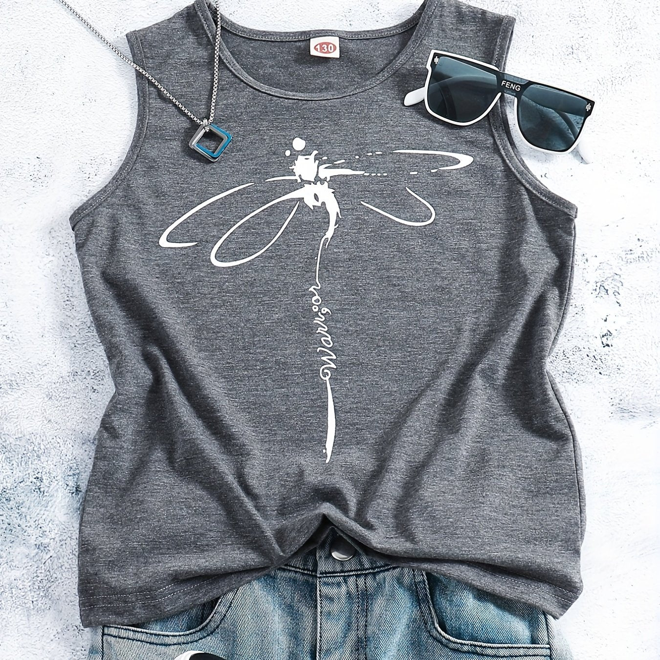 Girls Casual Dragonfly Print Crew Neck Sleeveless T-shirt Top For Summer Gift Outdoor Party