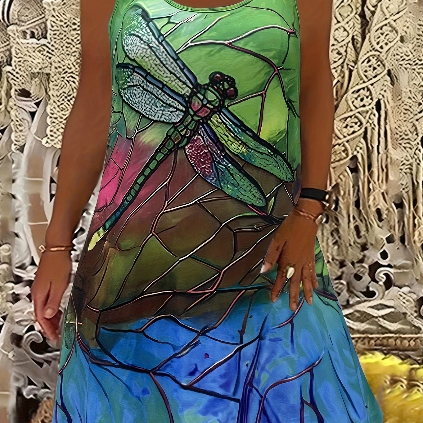Plus Size Dragonfly Print Tank Dress, Casual Sleeveless Dress For Spring & Summer, Women's Plus Size Clothing