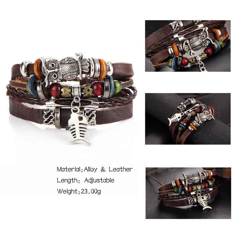 2 pcs Tibet Stone Feather Multilayer Leather Bracelet Eye Fish Charms Beads Bracelets for Men Vintage Punk Wrap Wristband - Pedlar's Attic