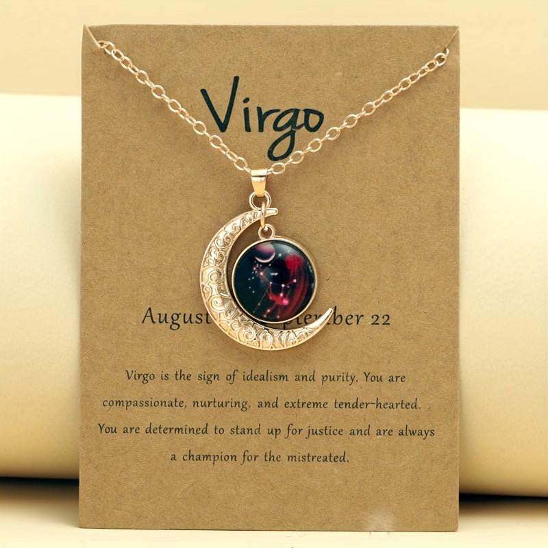 1pc Retro Glow-in-the-Dark Zodiac Moon Pendant Necklace - Vintage Style, Zinc Alloy with Glass Accents, Adjustable Chain for Women - Ideal for Daily Wear & Gifting, Zodiac Jewelry, Gift Jewelry, Vintage Jewelry, Durable Jewel