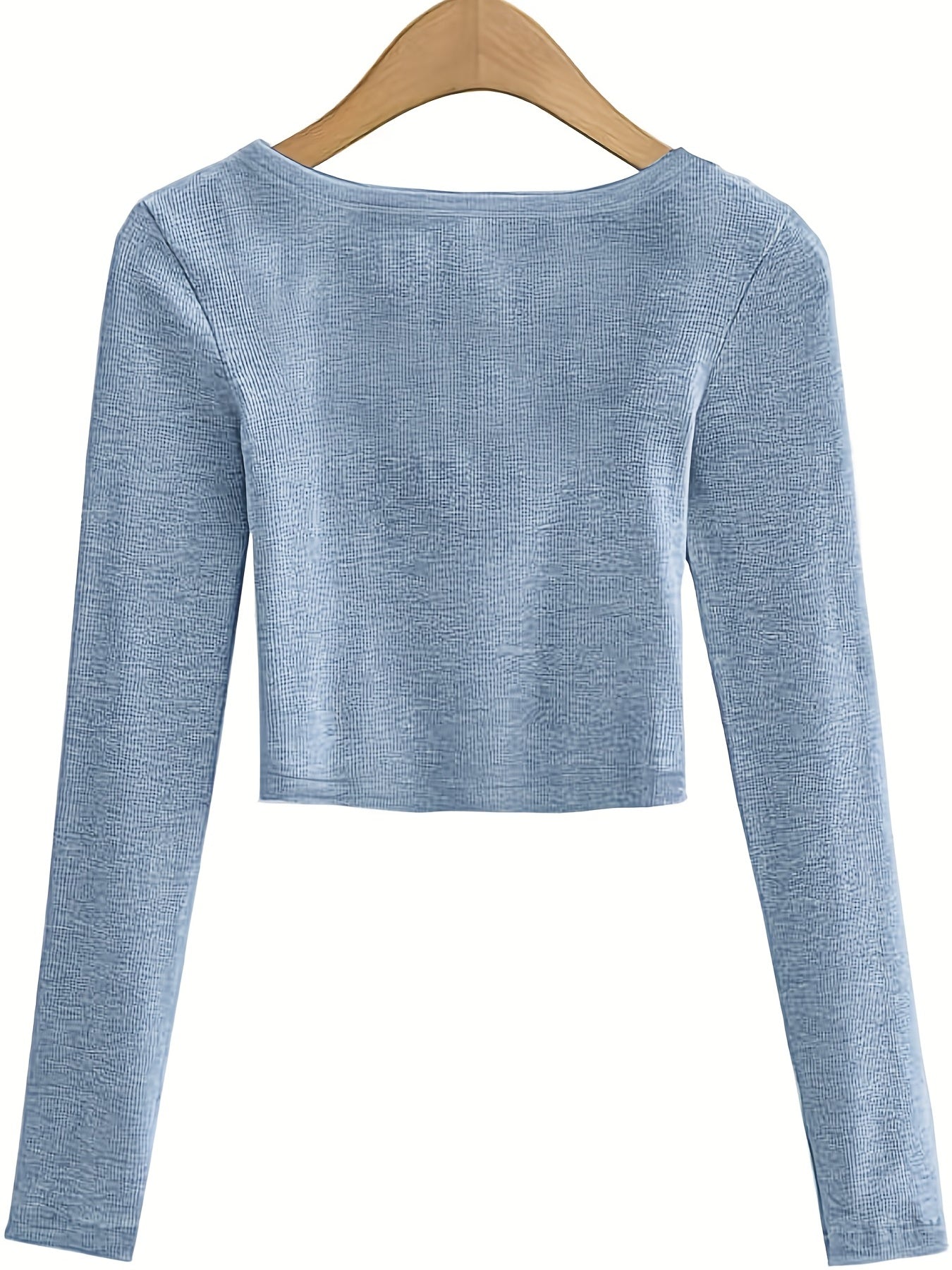 All-Season Chic Scoop Neck Crop Top – Slim & Stylish Long Sleeve, Solid Color, Easy-Care Rib-Knit Tee for Women