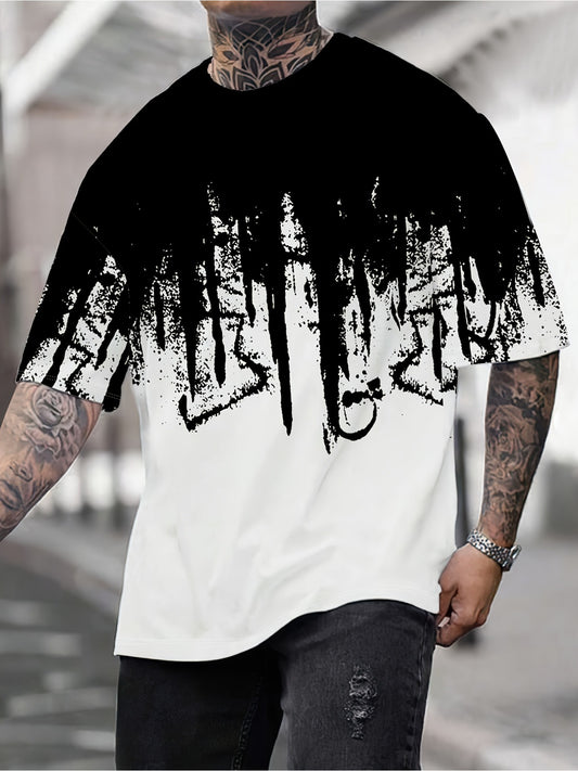 Men'S Casual Summer 3D Printed T-Shirt, Gradient Black and White Design, Short Sleeve, Crew Neck, Lightweight Polyester, Machine Washable, Urban Street Style, Summer Casual | Casual Crew Neck | Smooth Fabric