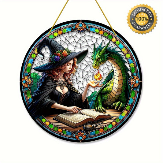 Enchanted Wizard & Dragon Sun Catcher - Colorful 8"X8" Window Hanging Decor For Home, Garden, And Study - Perfect For Holiday Parties & Whimsical Spaces