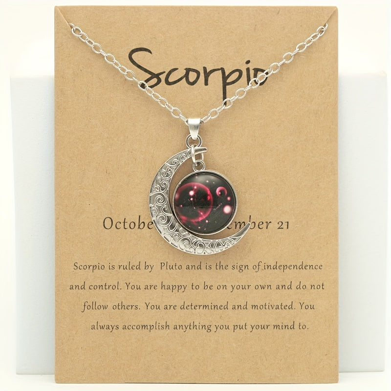 1pc Retro Glow-in-the-Dark Zodiac Moon Pendant Necklace - Vintage Style, Zinc Alloy with Glass Accents, Adjustable Chain for Women - Ideal for Daily Wear & Gifting, Zodiac Jewelry, Gift Jewelry, Vintage Jewelry, Durable Jewel