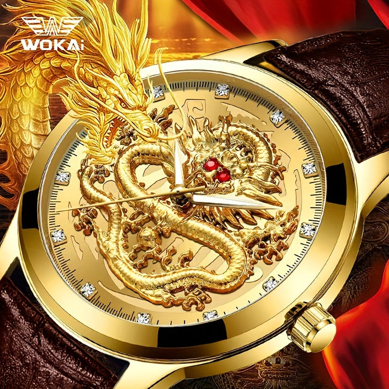 WOKAI Men's Luxury Dragon Quartz Watch - Golden-Tone Zinc Alloy Case, Brown Faux Leather Strap, Black Dial with Dragon Motif, Gemstone Accents, 1181.1inch Water Resistant, Battery Operated