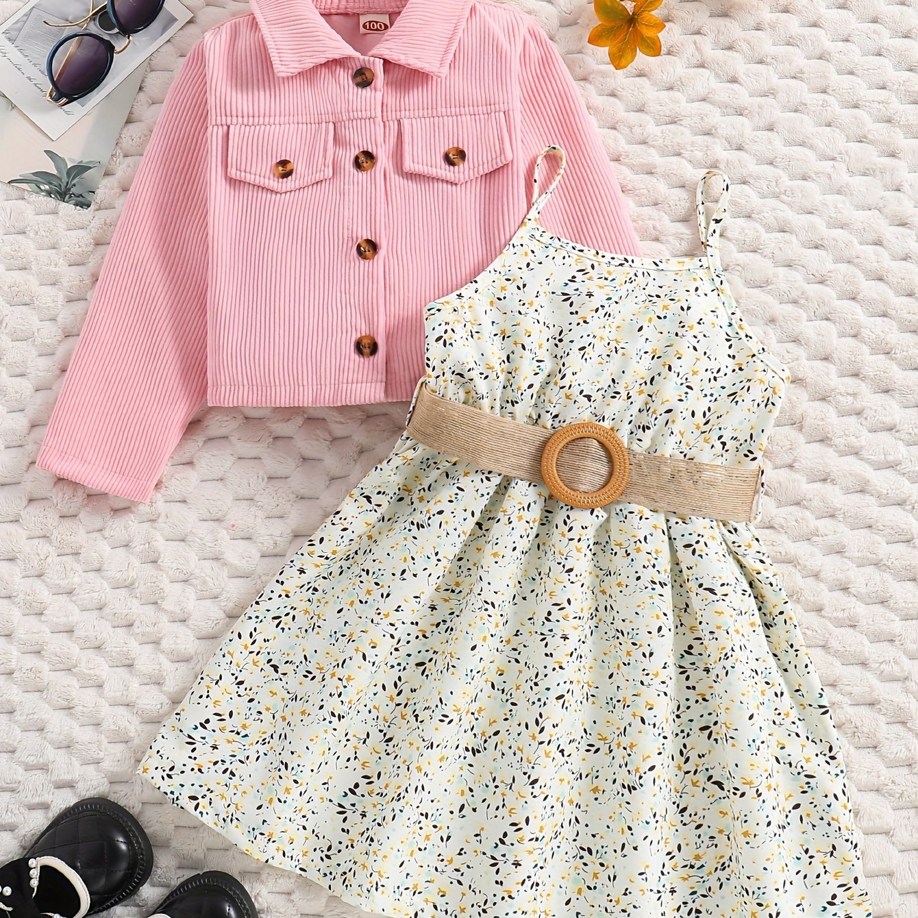 Girl's Casual Outfit 2pcs, Corduroy Jacket & Floral Pattern Dress Set, Kid's Clothes For Spring Autumn Summer