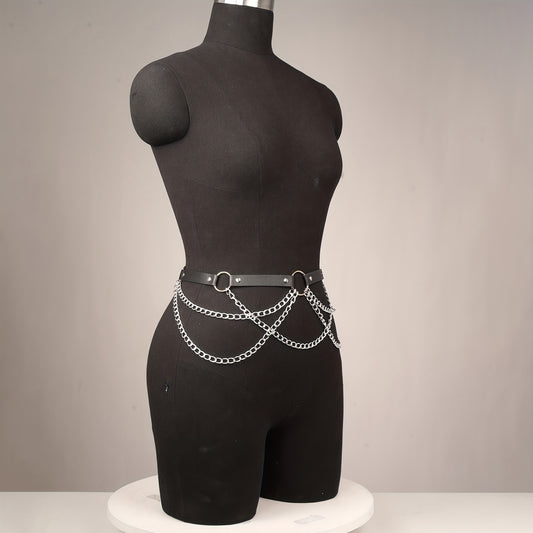 1pc Gothic Black PU Leather Waist Chain Belt With Chain Pendant Adjustable Harness Belt