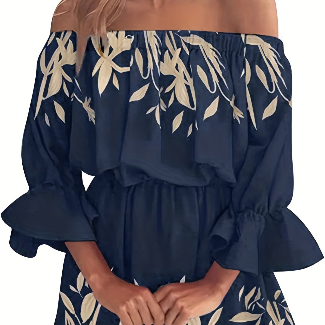 Elegant Summer Boho Dress - Off-Shoulder Leaf Print with Sexy Backless Cut & Playful Ruffles, Durable & Comfort Fit