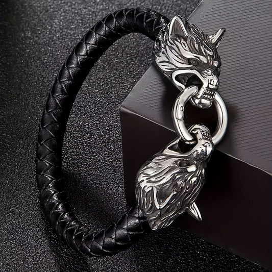 1pc Unique Viking-Inspired Stainless Steel Wolf Head Decorative Bracelet for Men - Fashionable Jewelry Accessory with Detailed Engraving and Adjustable Clasp - Perfect Gift for Him