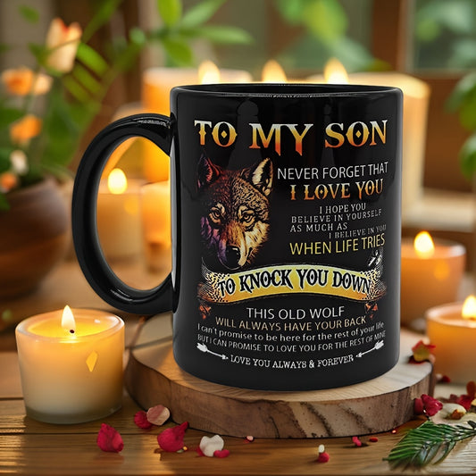 [1pc Wolf Design Mug] 1pc Ceramic Coffee Mug, Inspiring "to My Son" Wolf Design, 320ml/11oz | Durable for Hot & Cold Beverages, Perfect Christmas Gift for Boys | Quality Craftsmanship, Cozy Home Decor