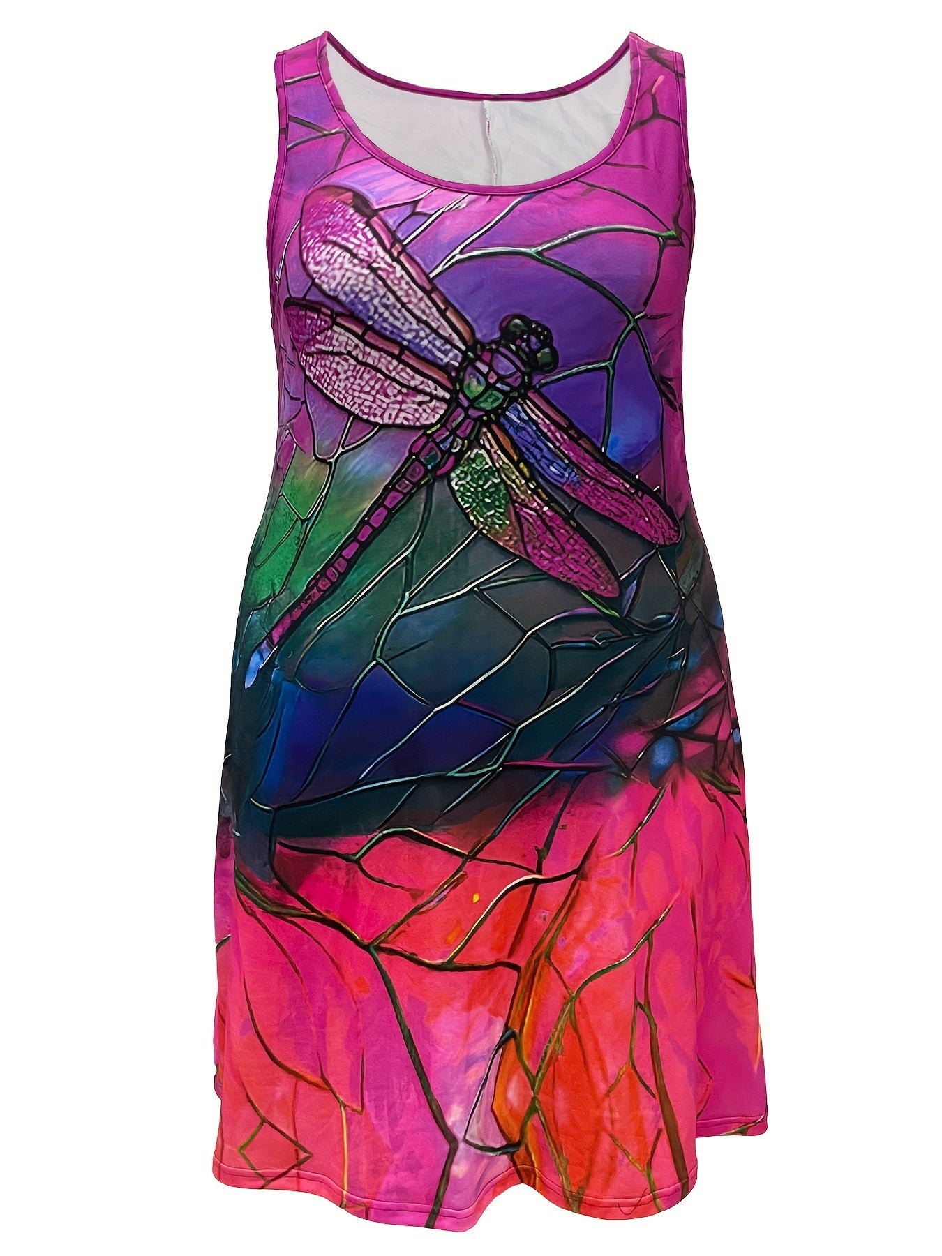 Plus Size Dragonfly Print Tank Dress, Casual Sleeveless Dress For Spring & Summer, Women's Plus Size Clothing