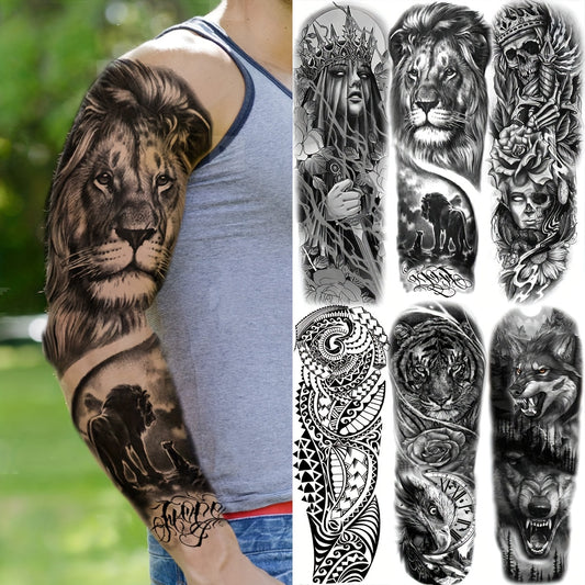 20 Sheets Temporary Tattoos Sleeve, Maori Full Arm for Men Adults Legs, Including 8 Sheets Vintage Tribal Black Fake Sleeve for Women, and 12 Sheets Halloween Half Arm Tattoos Lion Wolf Tiger Skull Skeleton
