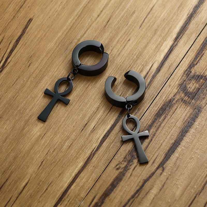 Eternal Cross Egypt Cleopatra Ankh Earrings for Men Jewelry Antiqued Black Stainless Steel Egyptian Queen Ankara Earing - Pedlar's Attic