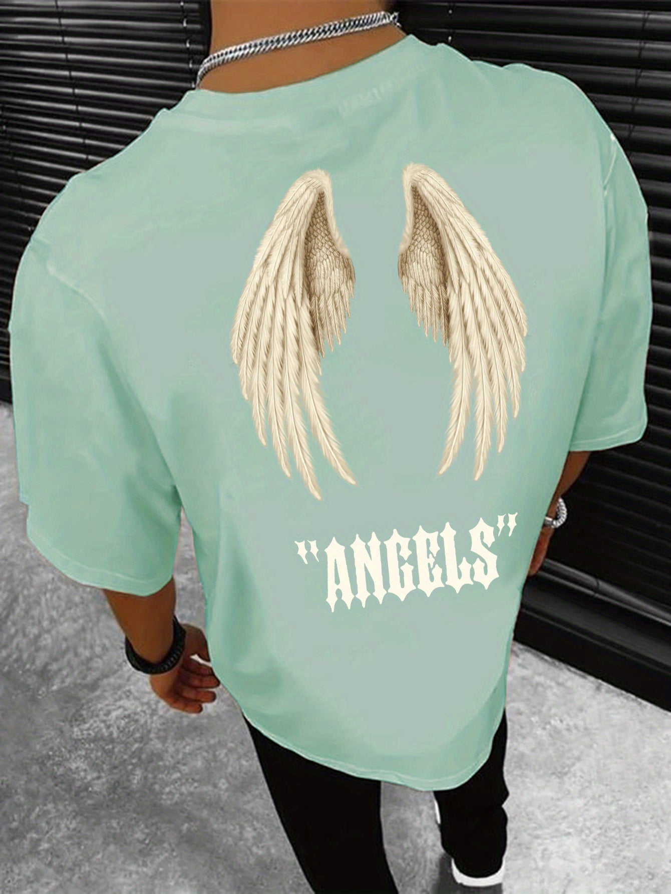 Mens Angel Wings Graphic Tee - Fashionable Casual Wear - Comfortable Solid Color Stretch Tee for Spring Summer - Lightweight Round Neck Design for Daily Style