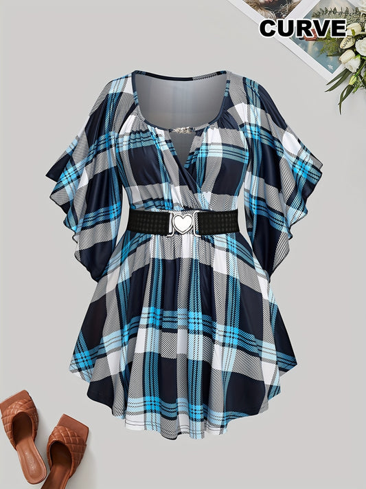 [Plus Size T-Shirt] Valentine's Day Plus Size Women's T-Shirt | Metallic Heart Design, Casual Print, Pleated Short Sleeve & Waist Belt | Perfect for Spring/Summer