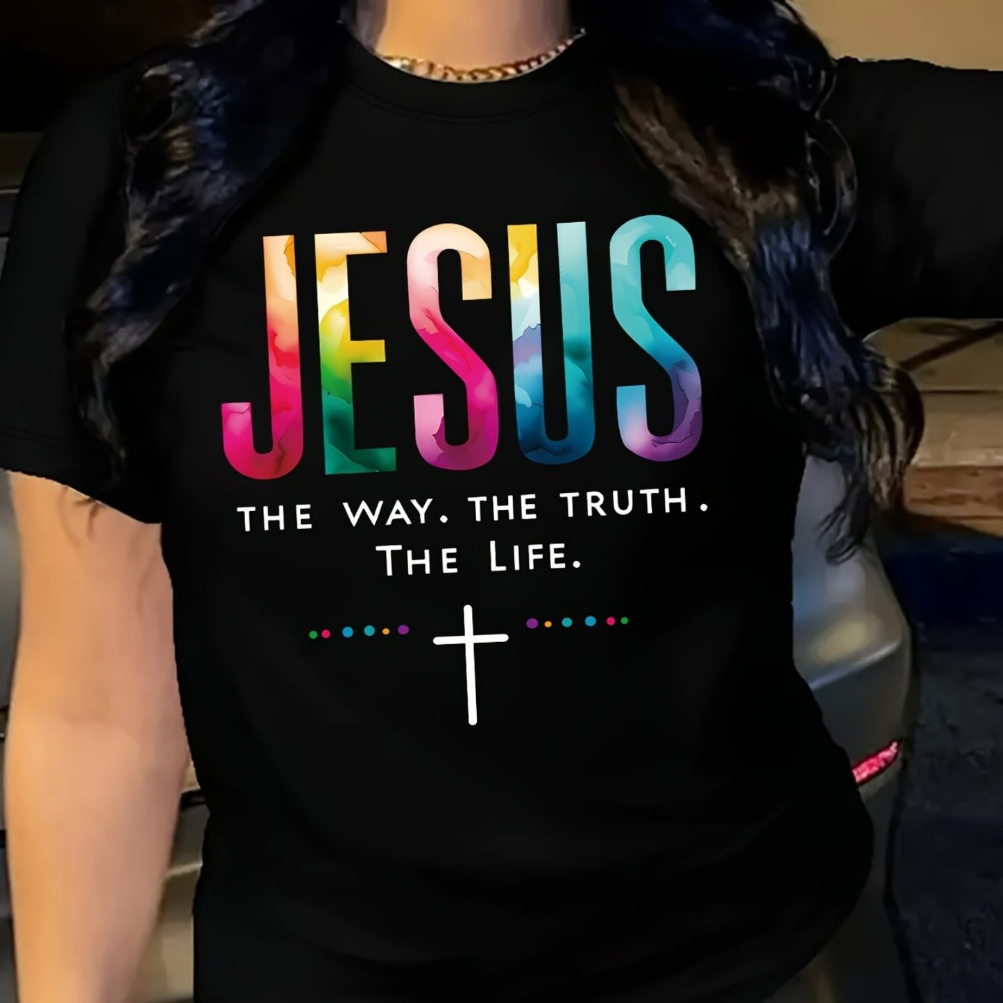 [Inspirational|Jesus] Colorful Inspirational Jesus Graphic Women's T-Shirt | Crew Neck Short Sleeve Top | Machine Washable for Spring & Summer