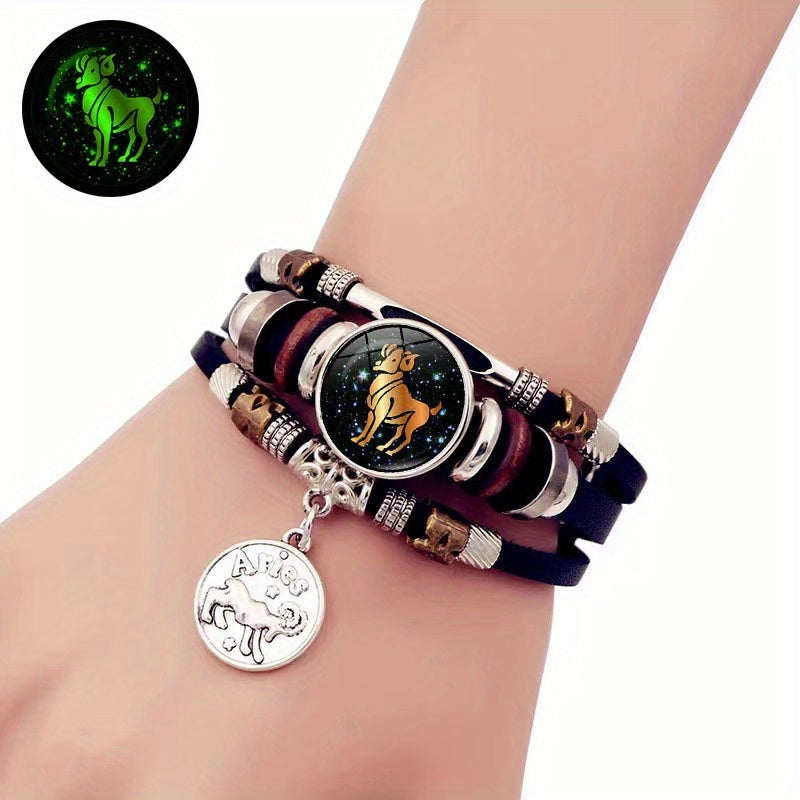 1pc 12 Zodiac Luminous Leather Bracelet Men Women Handmade Multilayer Beaded Bracelet Creative Hand Jewelry Bracelet Party Birthday Favors