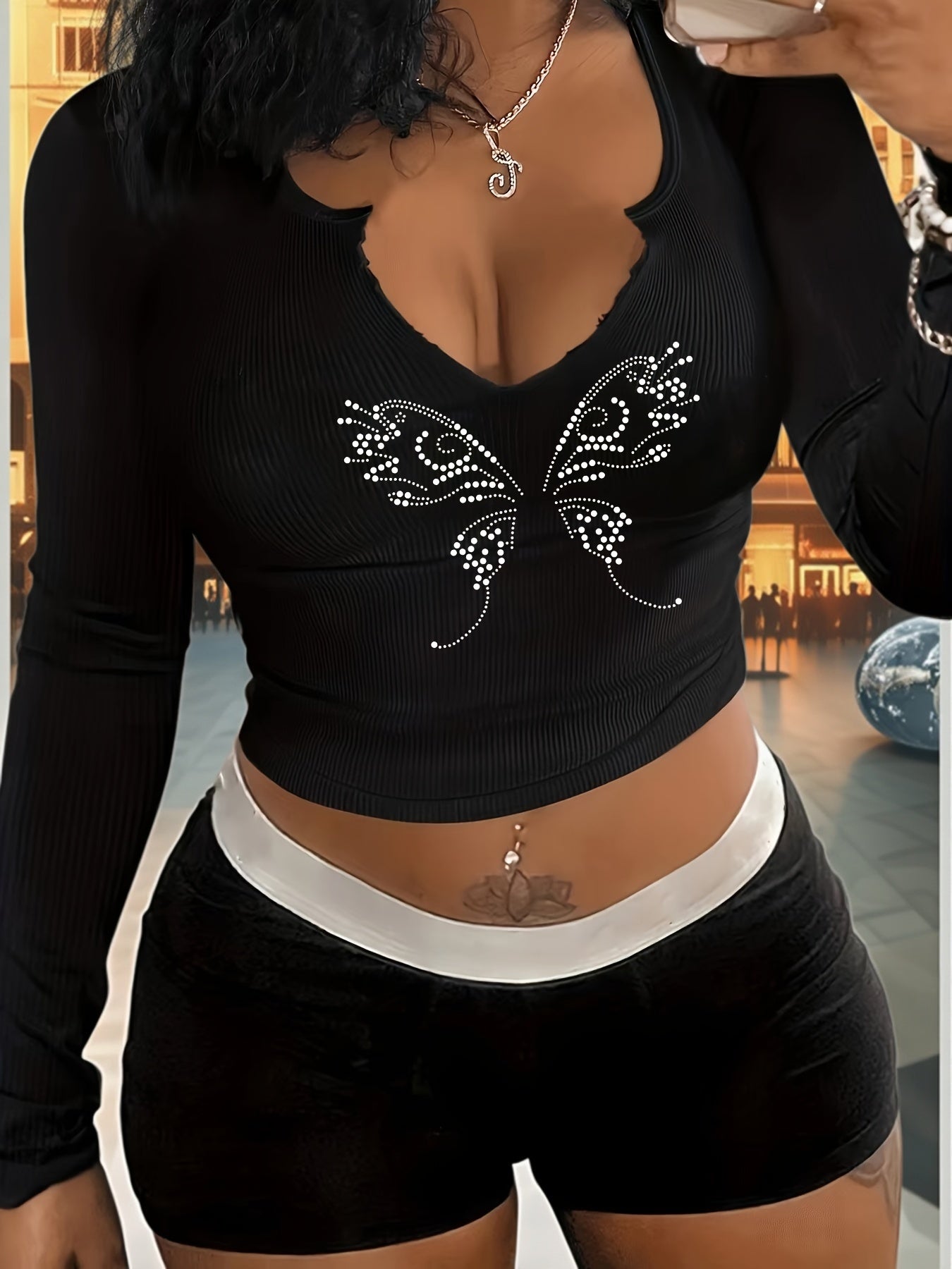 Chic Rhinestone-Embellished Butterfly V-Neck Crop Top - Sexy Long Sleeve Stretch Knit Top with Lace Detail, Polyester & Spandex Blend, Perfect for All Seasons
