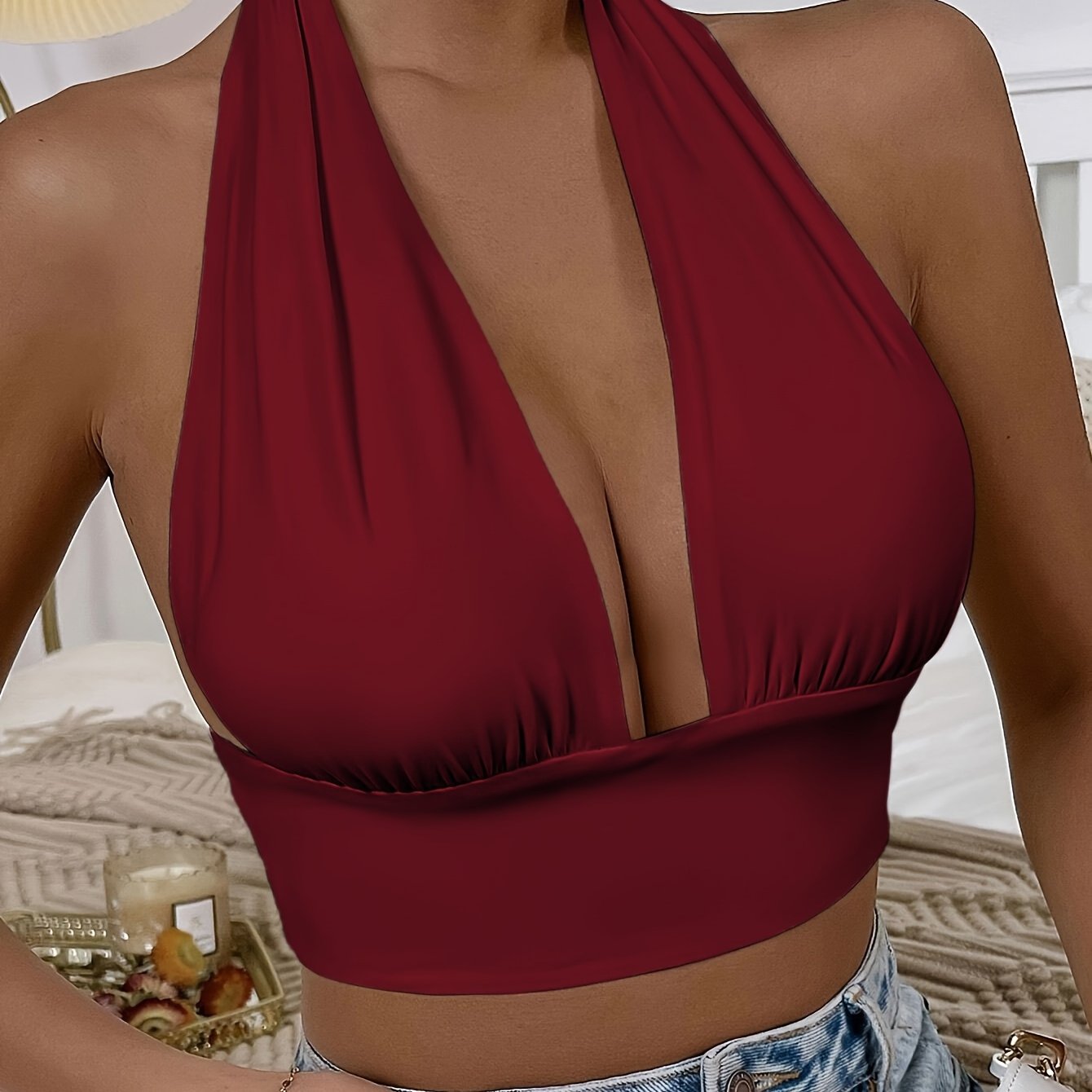 1pc Elegant Orange Halter Neck Backless Crop Top - High Stretch, Deep V-Neckline, Sleeveless Tank for Women, Perfect for Casual or Stylish Outfits, Casual Chic Top | Backless Dress | Stretchy Fabric