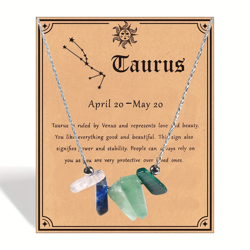 1pc Zodiac Gemstone Necklace with Astrological Card - Perfect Holiday Gift for Gemini, Aries, Leo - Star Sign Stones Pendant with Personality Traits Overview