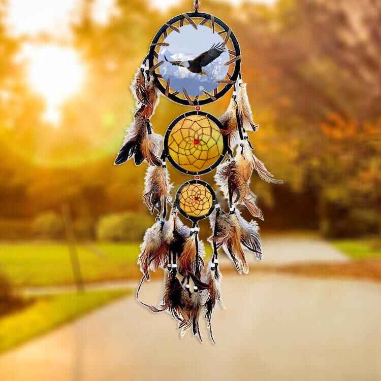 Indian Style Dream Catcher Wolf Head Oil Painting Dream Catcher Home Wall Decoration Wall Hanging Natural Feather Pendant - Pedlar's Attic