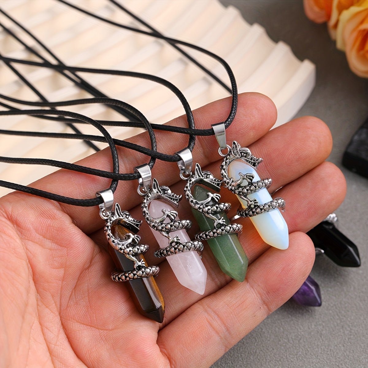 1pc Flying Dragon Pendant Necklace, Synthetic Faux Gemstone, Gun Black Plated, Double Pointed Hexagonal Column, Animal Pattern, Casual Style, February Birthstone, Ideal Gift for Special Occasions, DIY Jewelry for Men and Wome
