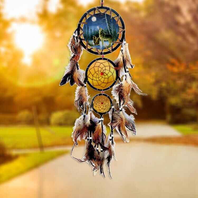 Indian Style Dream Catcher Wolf Head Oil Painting Dream Catcher Home Wall Decoration Wall Hanging Natural Feather Pendant - Pedlar's Attic