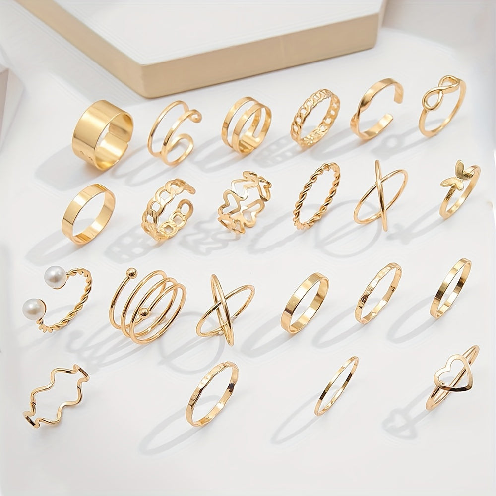 22pcs Fashion Stacking Rings Trendy Heart/ Infinity/ Butterfly/ Chain Design Mix And Match For Daily Outfits Party Accessories For Sweet Cool Girls