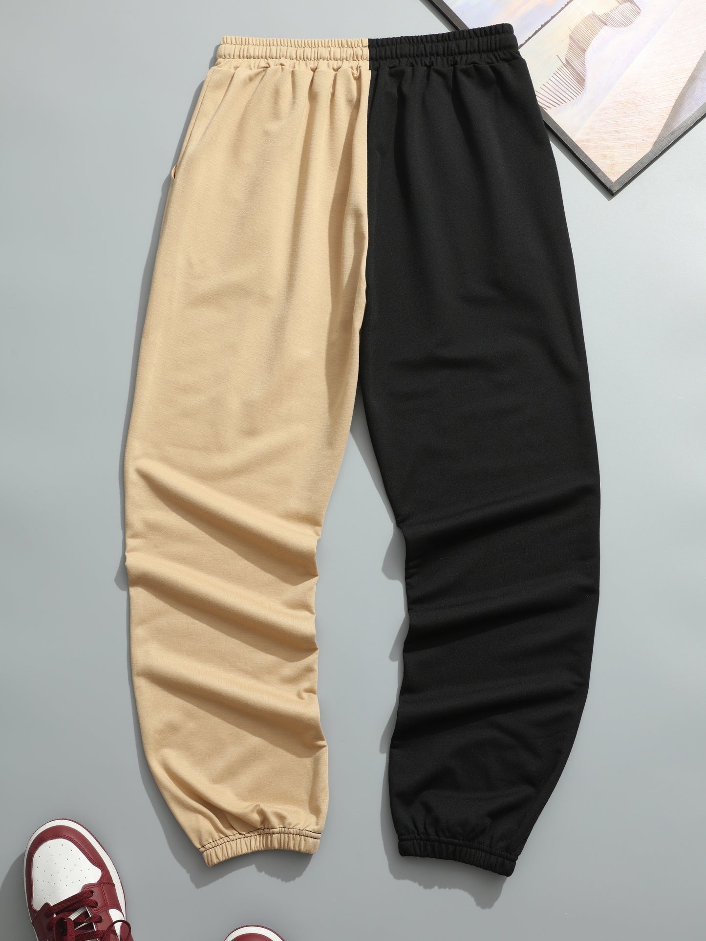 Two Color Splicing, Men's Drawstring Sweatpants, Dragons Print Pocket Breathable Casual Jogger Pants, Mens Clothing