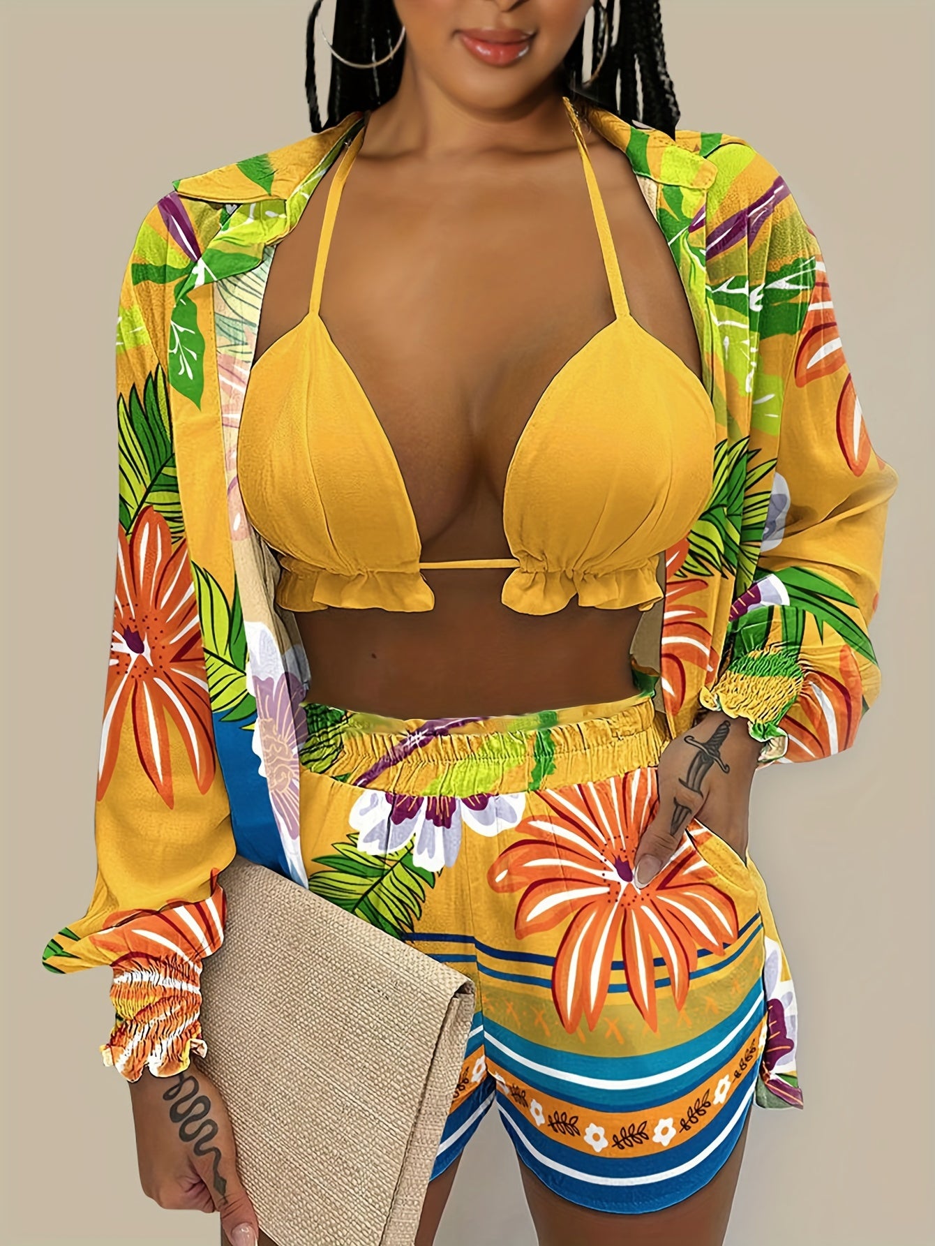 3pcs Vibrant Summer Women's Outfit: Sexy Red Halter Top & Floral Print Shorts Set with Sheer Long Sleeve Shirt - Polyester Blend, Machine Washable, Perfect for Vacation, Sexy, New Style, Print, 3pcs Set, Women's Clothing