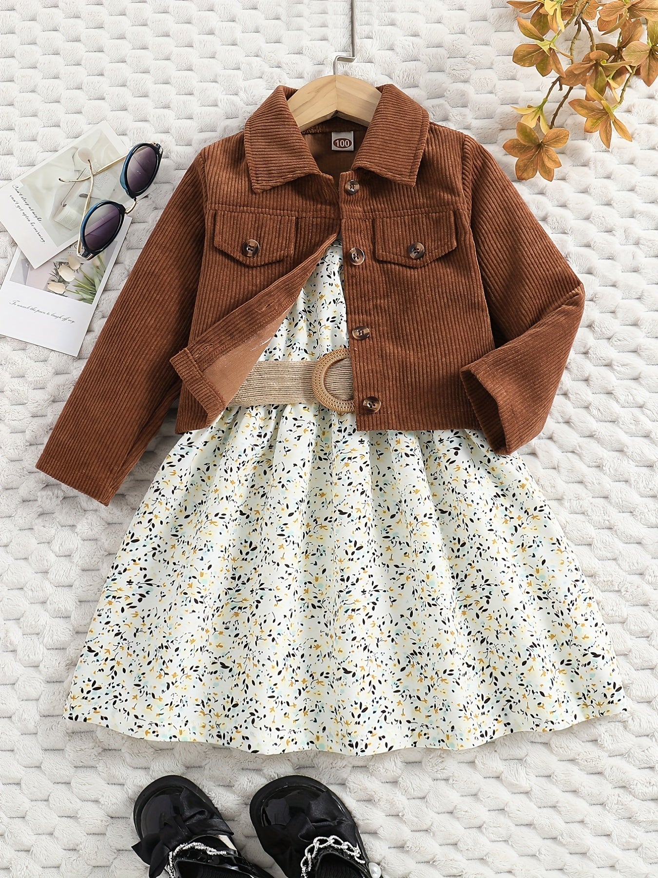 Girl's Casual Outfit 2pcs, Corduroy Jacket & Floral Pattern Dress Set, Kid's Clothes For Spring Autumn Summer