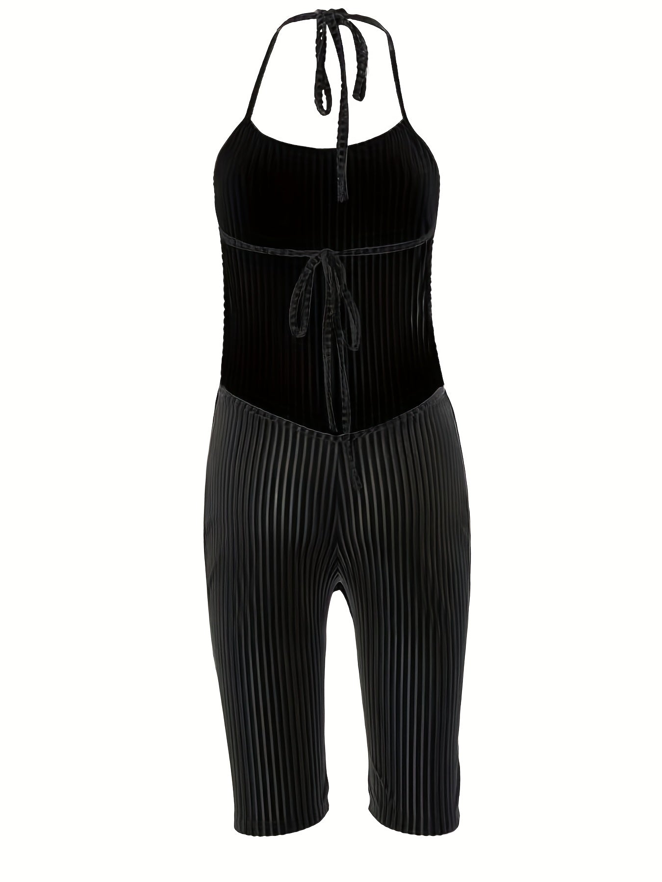 Sexy Velvet Halter Romper for Women - Backless Tie-Up Jumpsuit with Ribbed Texture, Machine Washable, Green, Perfect for Spring/Summer Parties, Plus Rompers And Jumpsuits