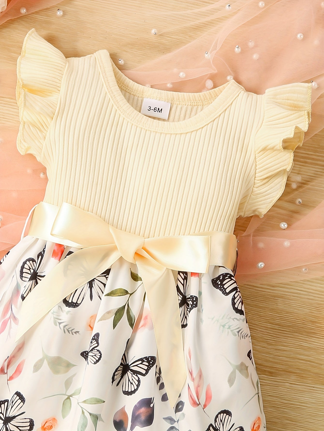 Baby Girls Cute Butterfly Graphic Print Ruffled Sleeve Belted Dress, Kids Summer Comfortable Clothes