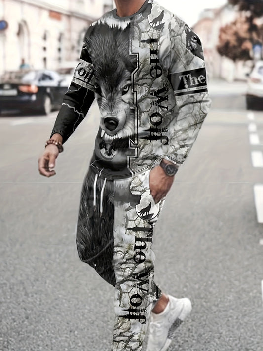 2-Piece Wolf Pattern Men's Outfit: Casual Crew Neck Long Sleeve T-Shirt & Drawstring Sweatpants Joggers Set for Winter Fall