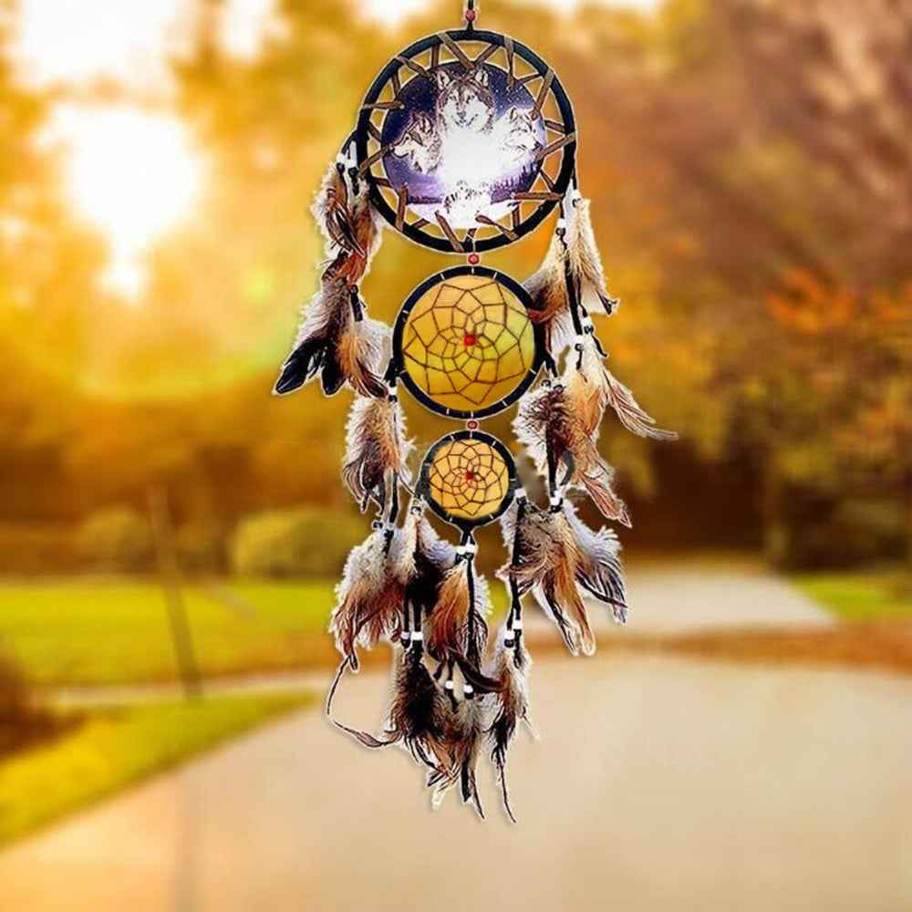 Indian Style Dream Catcher Wolf Head Oil Painting Dream Catcher Home Wall Decoration Wall Hanging Natural Feather Pendant - Pedlar's Attic